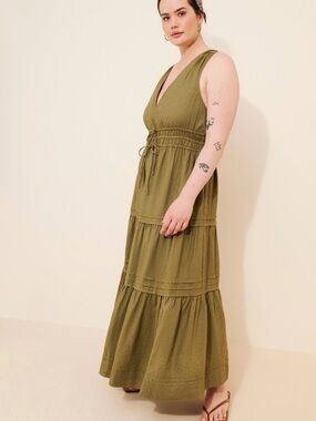 Anthropologie Olive Tiered V-Neck Maxi Dress